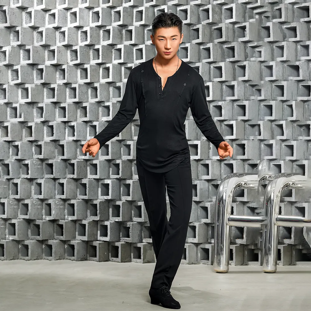 NY682 Men’s Button‑Detail Long‑Sleeve Latin Dance Top